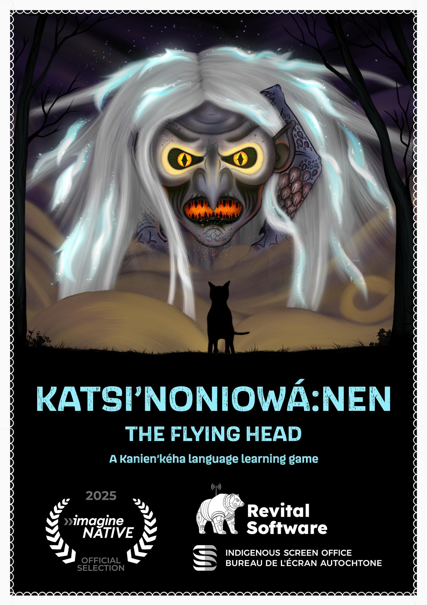 Katsi'noniowá:nen - The Flying Head key art, a Kanien'kéha (Mohawk) language learning video game by Revital Software